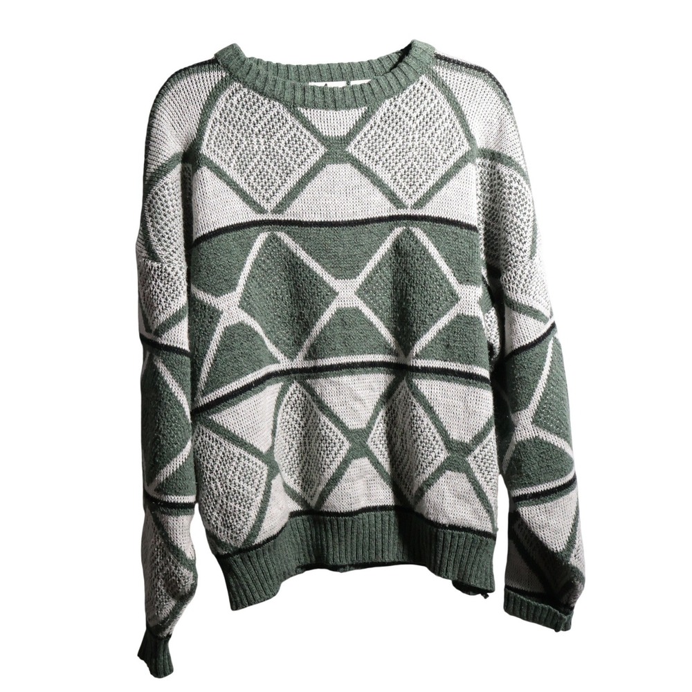 VTG Kiyo Mens L Green White Geometric Pattern Sweater‎ Retro
